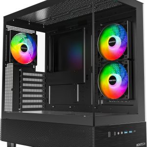 MONTECH XR, ATX Mid-Tower PC Gaming Case, 3 x 120mm ARGB PWM Fans Pre-Installed, Full-View Dual Tempered Glass Panel, Wood-Grain Design I/O Interface, Support 4090 GPUs, 360mm Radiator Support, Black