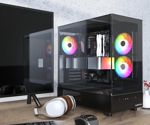 MONTECH XR, ATX Mid-Tower PC Gaming Case, 3 x 120mm ARGB PWM Fans Pre-Installed, Full-View Dual Tempered Glass Panel, Wood-Grain Design I/O Interface, Support 4090 GPUs, 360mm Radiator Support, Black - Image 2