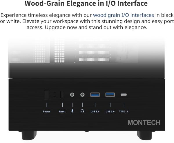 MONTECH XR, ATX Mid-Tower PC Gaming Case, 3 x 120mm ARGB PWM Fans Pre-Installed, Full-View Dual Tempered Glass Panel, Wood-Grain Design I/O Interface, Support 4090 GPUs, 360mm Radiator Support, Black - Image 4